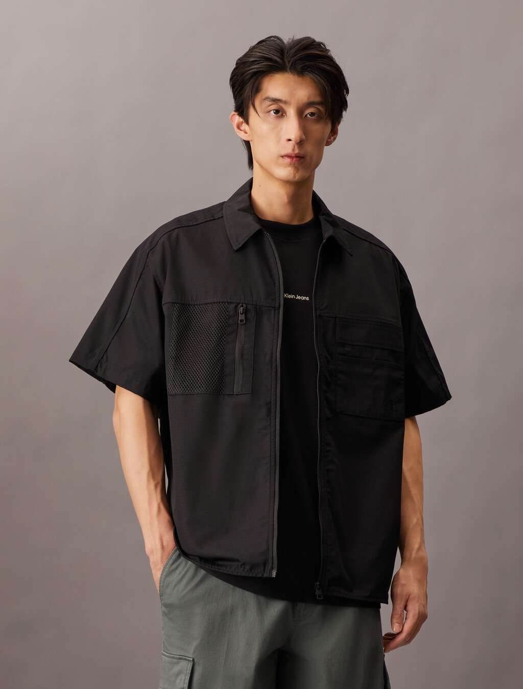 Cooling Mixed Media Zip Up Overshirt, Ck Black, hi-res