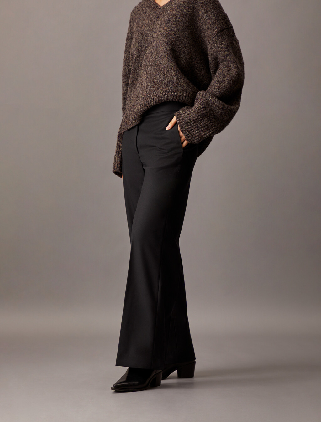 Coated Gabardine Flare Trousers, Black Beauty, hi-res