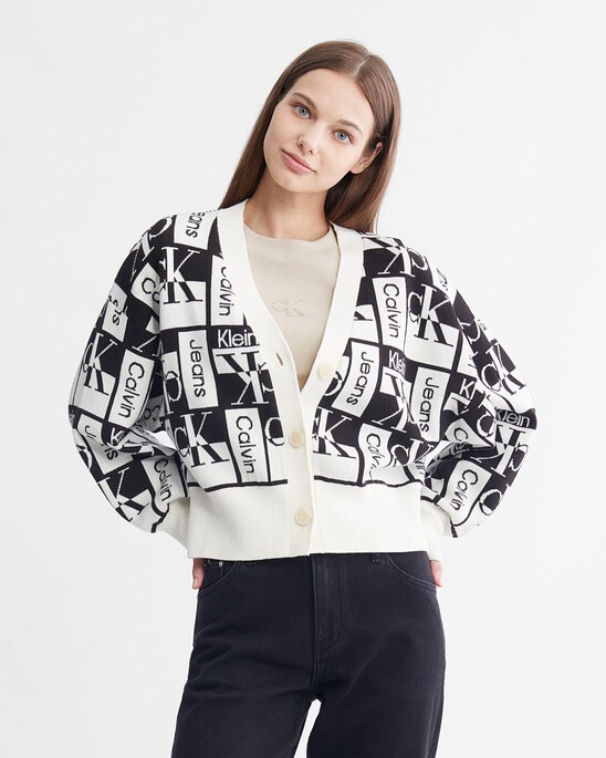 V Neck All Over Logo Cropped Cardigan