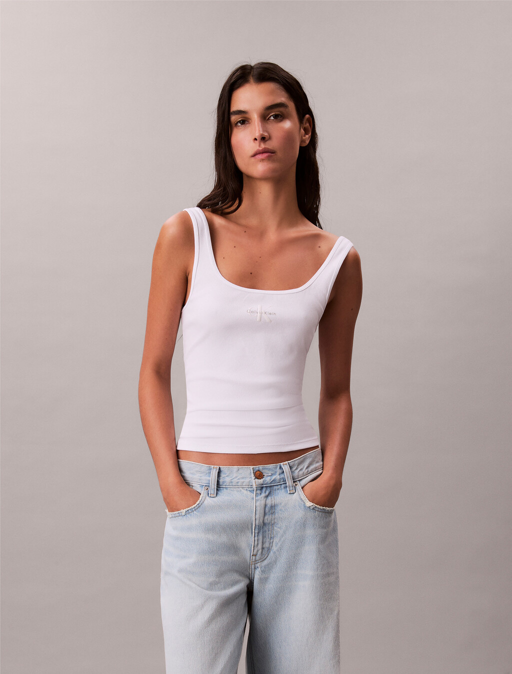 Monogram Scoop Neck Rib Knit Tank Top, Bright White, hi-res