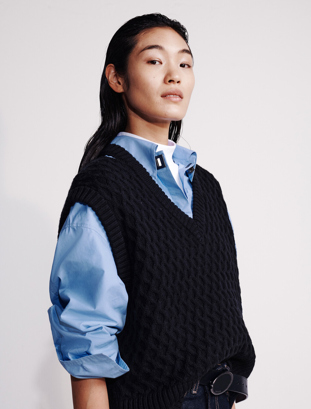Merino Wool Cable Knit Relaxed Vest, Black, hi-res