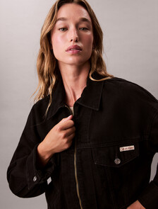 Cropped Zip Up Denim Jacket, SOFT BLACK, hi-res