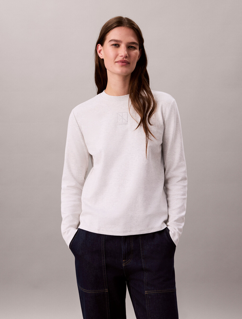 Interlock Cotton Emblem Mock Neck Tee, Light Grey Heather, hi-res