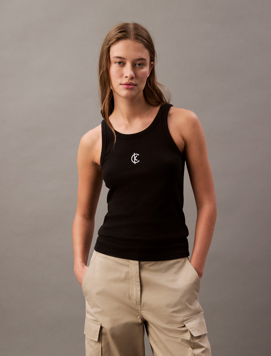 Ribbed Cotton Logo Tank Top, Black, hi-res