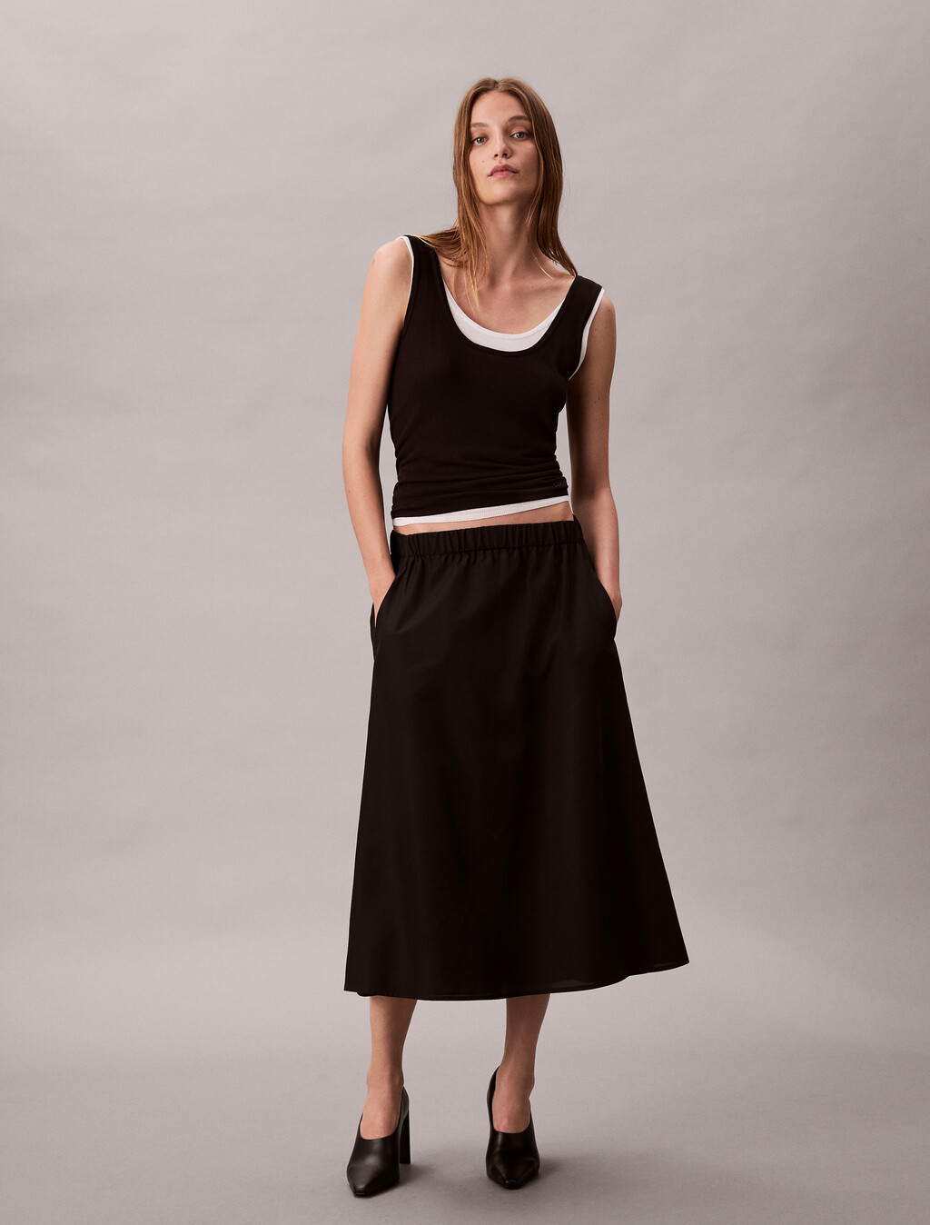 Soft Nylon Midi Skirt, Black, hi-res