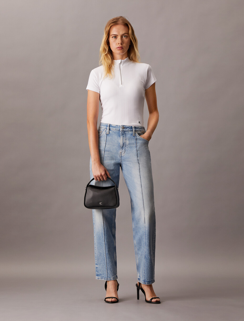 Variegated Rib Knit Half Zip Top, Bright White, hi-res