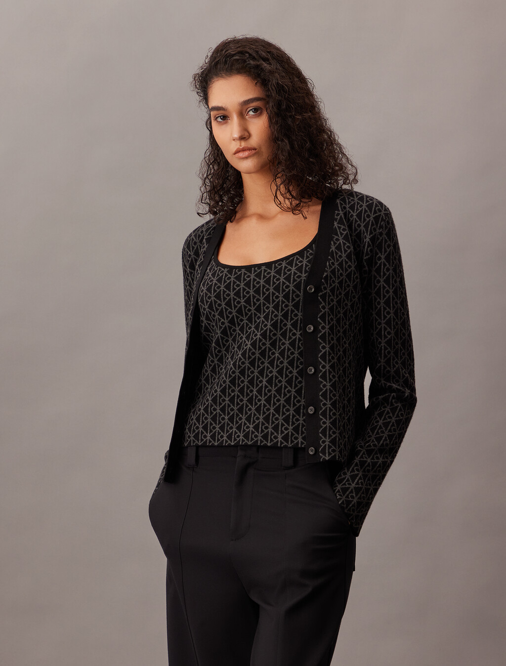 Monogram Tank Cardigan Twinset, Black, hi-res