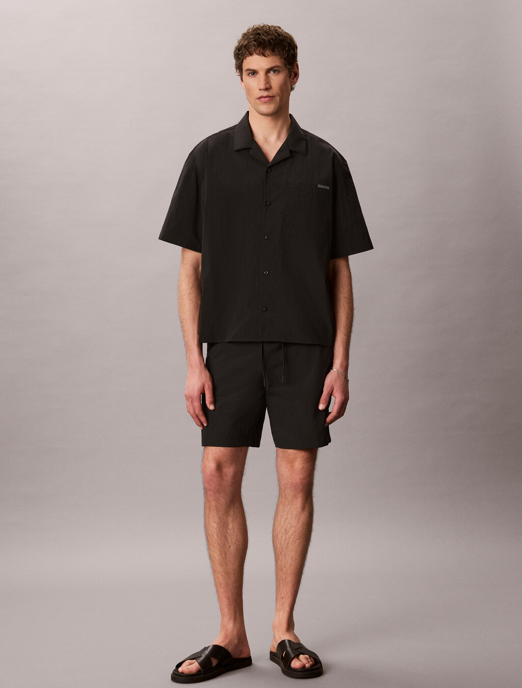 Nylon Relaxed Camp Collar Shirt, Black, hi-res