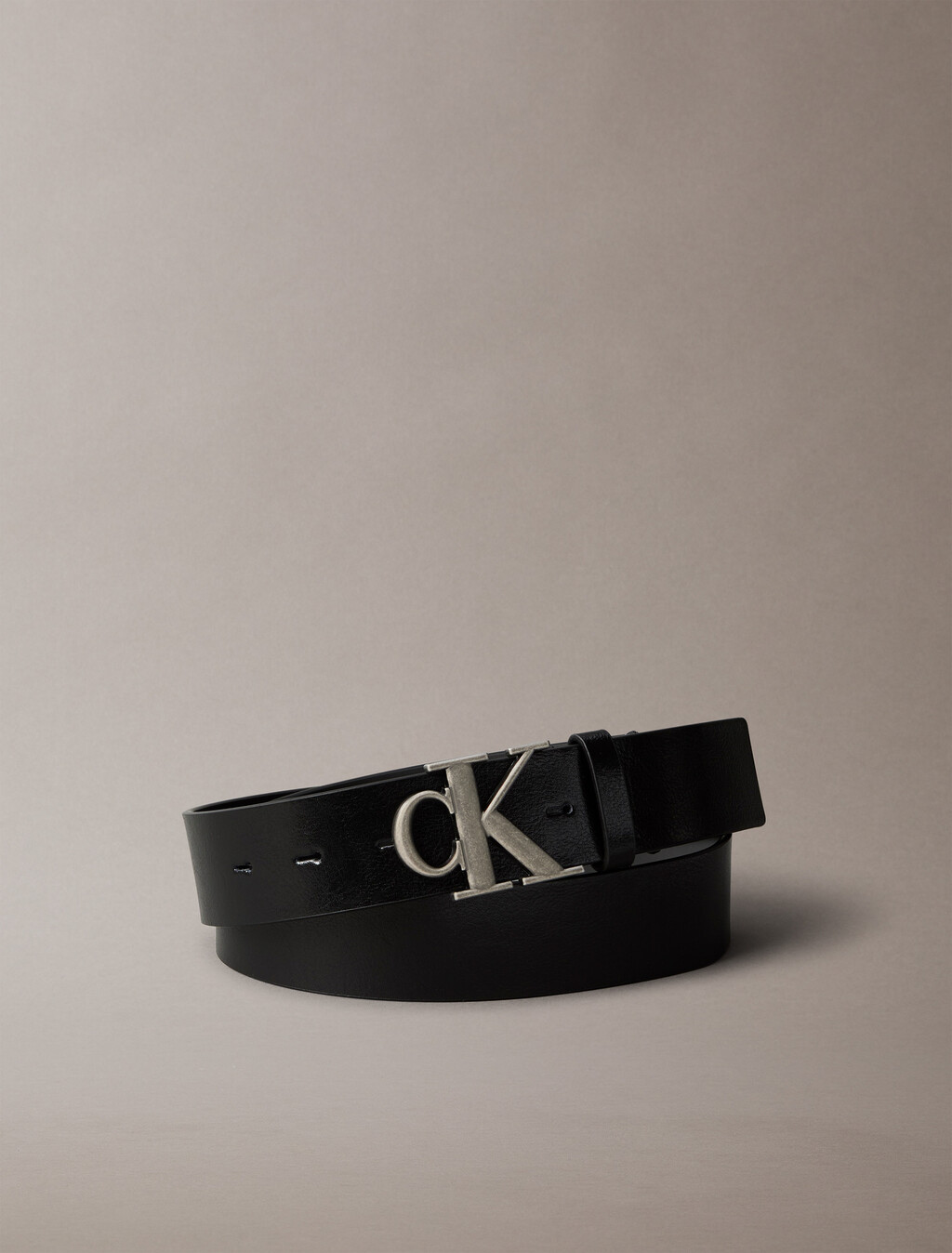 CK Buckle Tumbled Leather Belt, Black/Antique Silver, hi-res