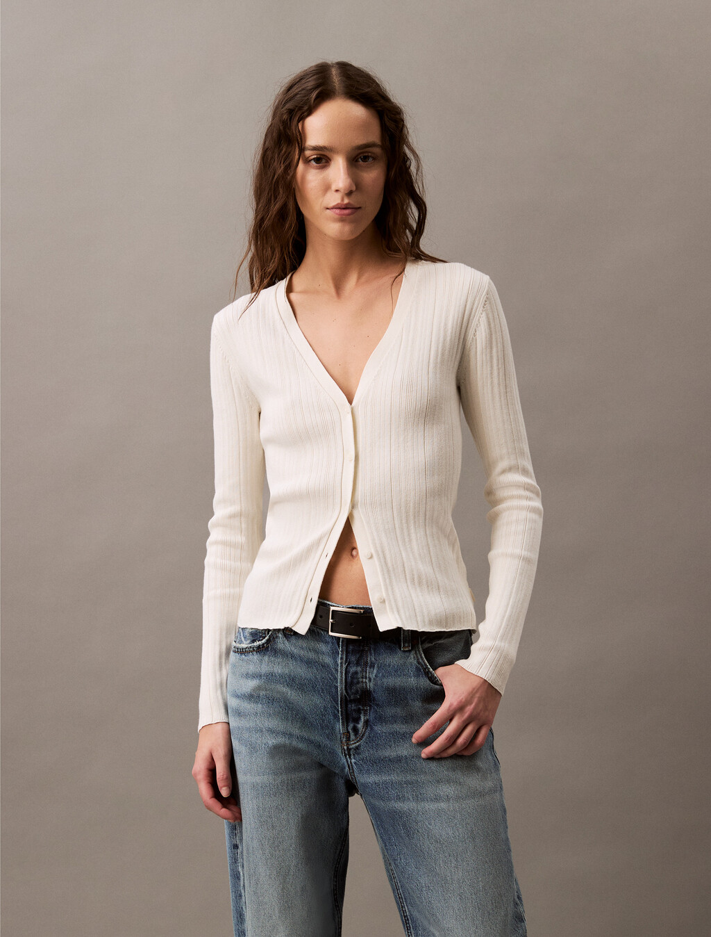 Cotton Variegated Rib Knit Cardigan, Tofu, hi-res