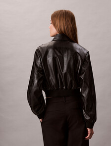 Cropped Faux Leather Bomber Jacket, Black, hi-res