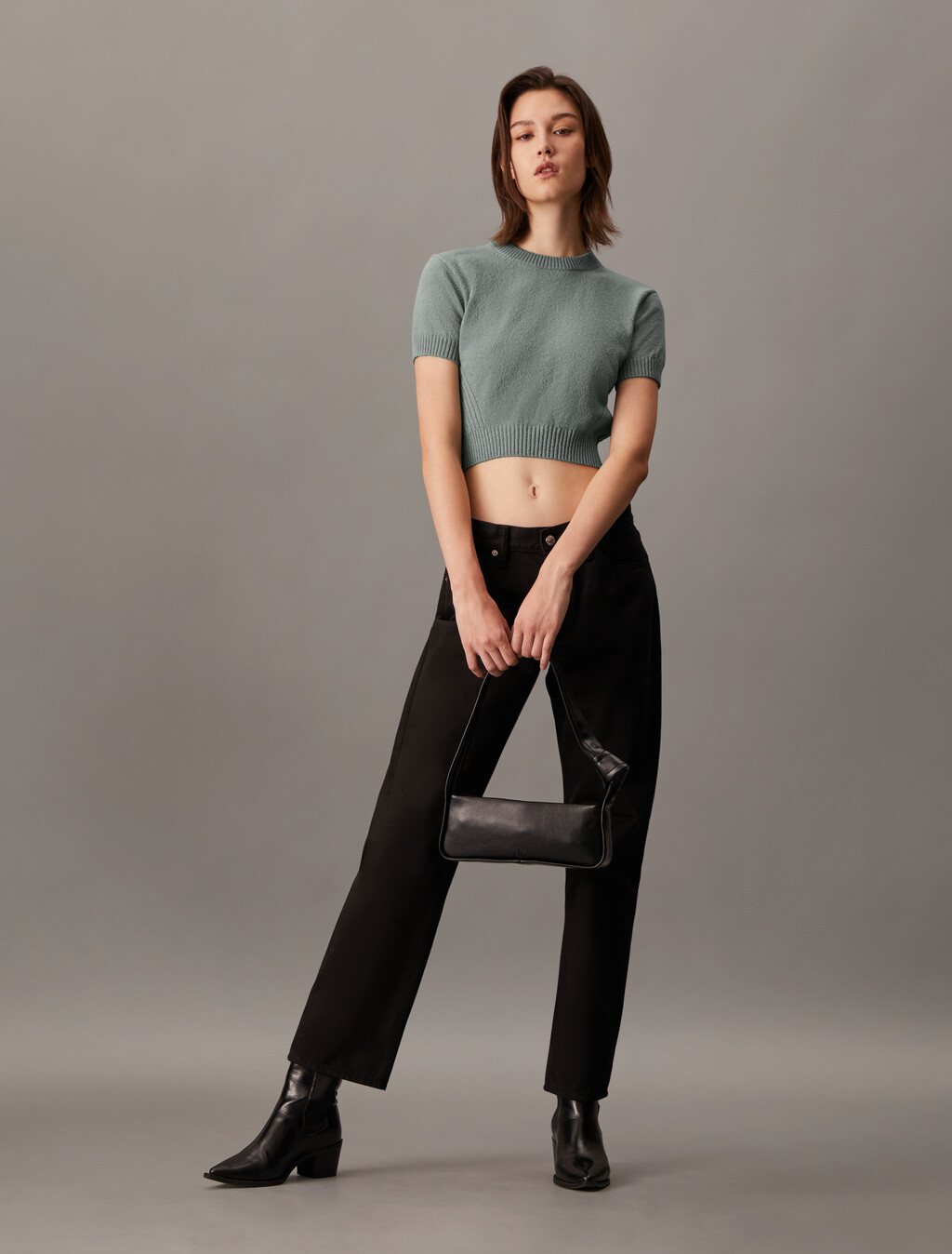 Cropped Short Sleeve Sweater, Slate Gray, hi-res