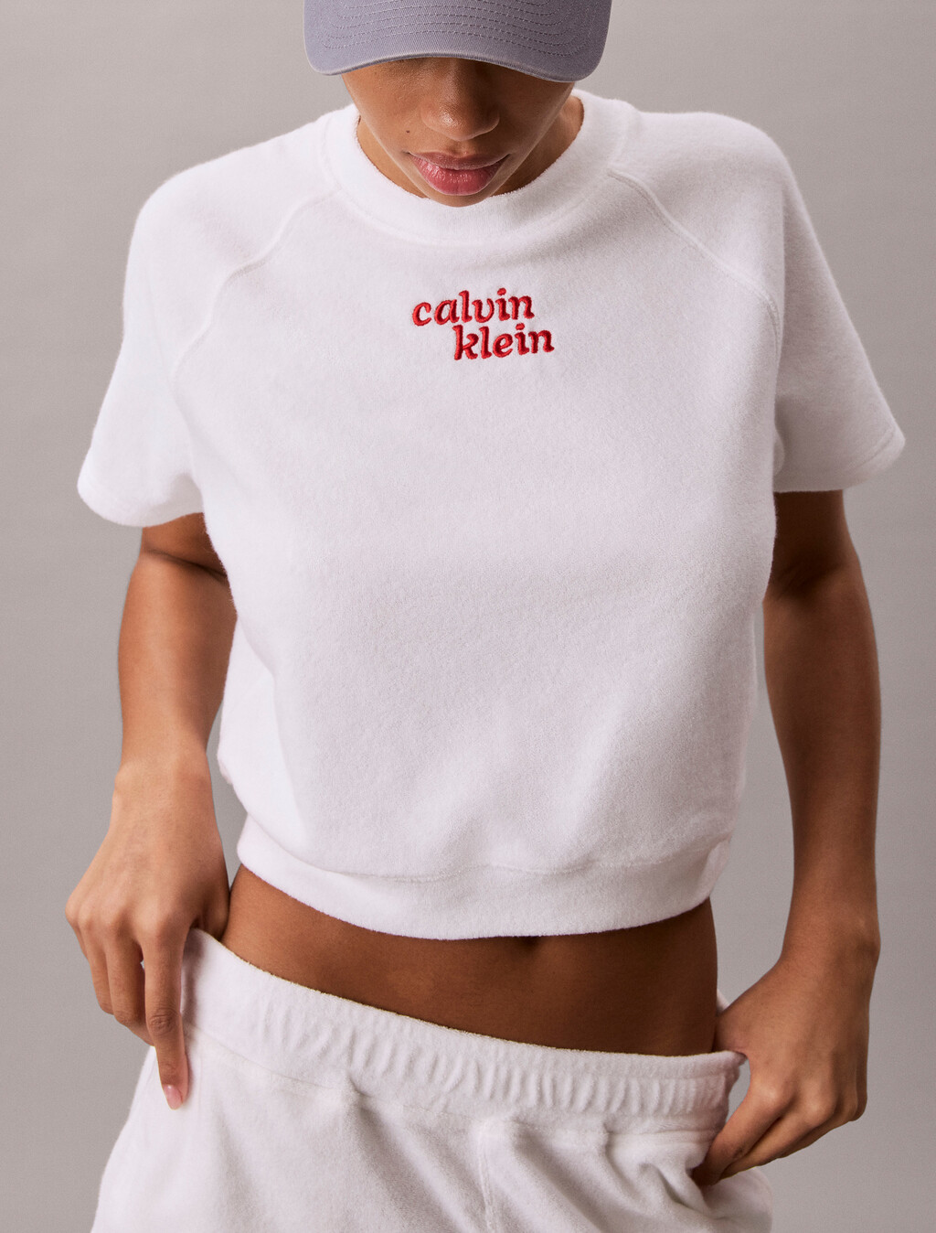 Towel Terry Cropped Short Sleeve Top, Bright White, hi-res