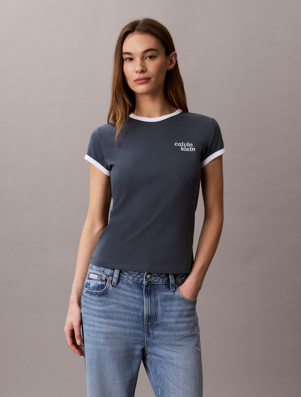 Embroidered Logo Ringer T-shirt, Dark Slate, hi-res