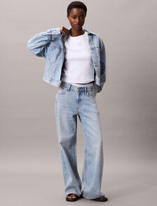 Monogram Logo Cropped Denim Jacket, CK LIGHT PRINTED, hi-res
