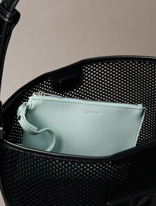 Mesh Emblem Logo Bucket Bag with Pouch, Black, hi-res