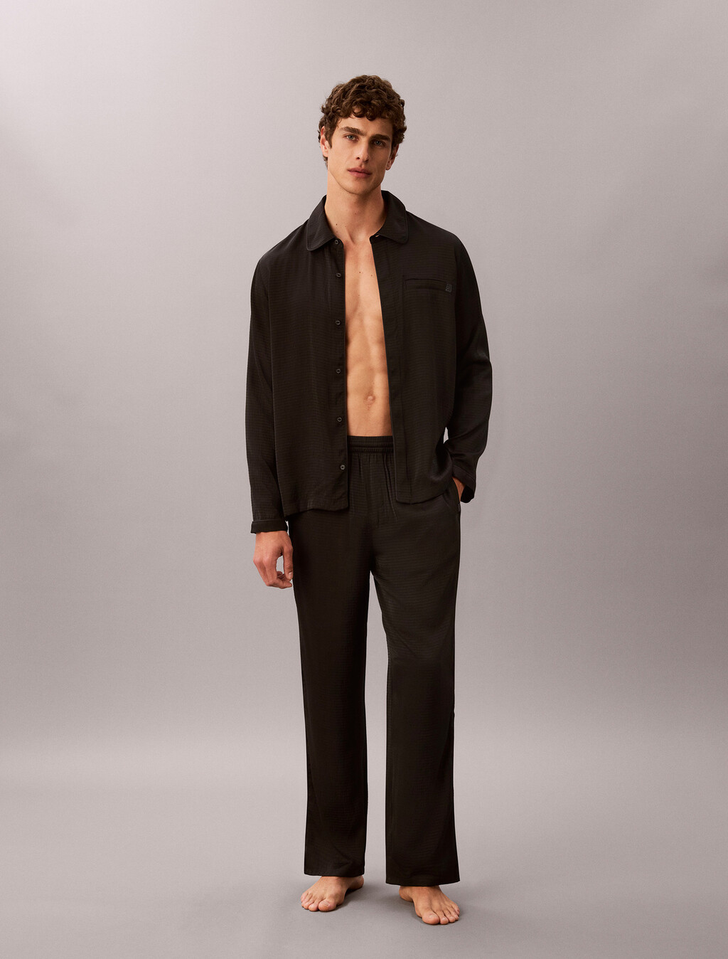 Matte Shine Button-Down Sleep Shirt, Black, hi-res