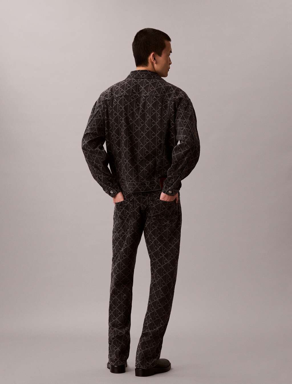 90s Signature Emblem Jacquard Denim Trucker, BLACK EMBLEM, hi-res