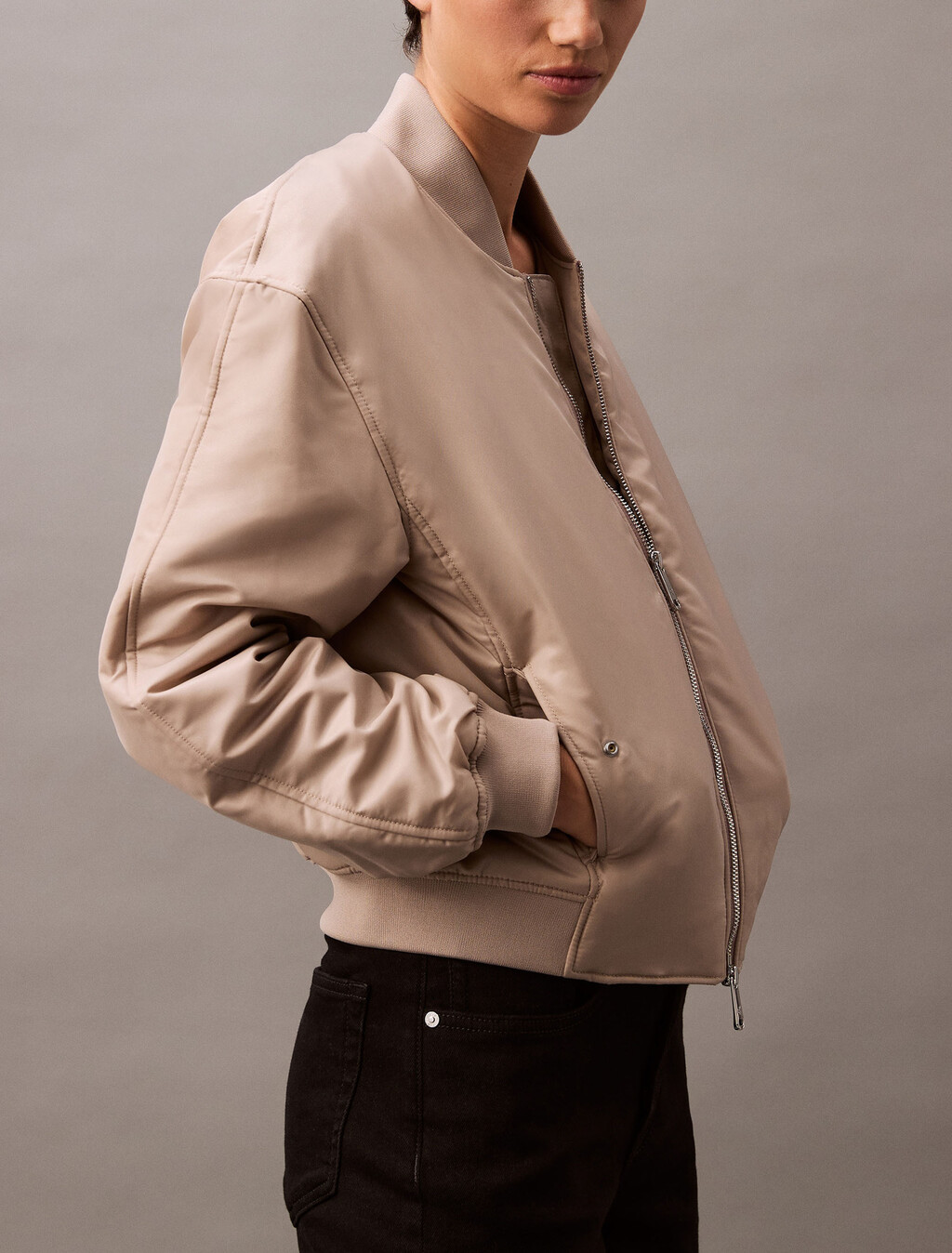 Padded Nylon Bomber Jacket, Goat, hi-res
