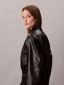 Cropped Faux Leather Bomber Jacket, Black, hi-res