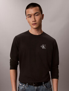 Distressed Monogram Long Sleeve Tee, Black, hi-res