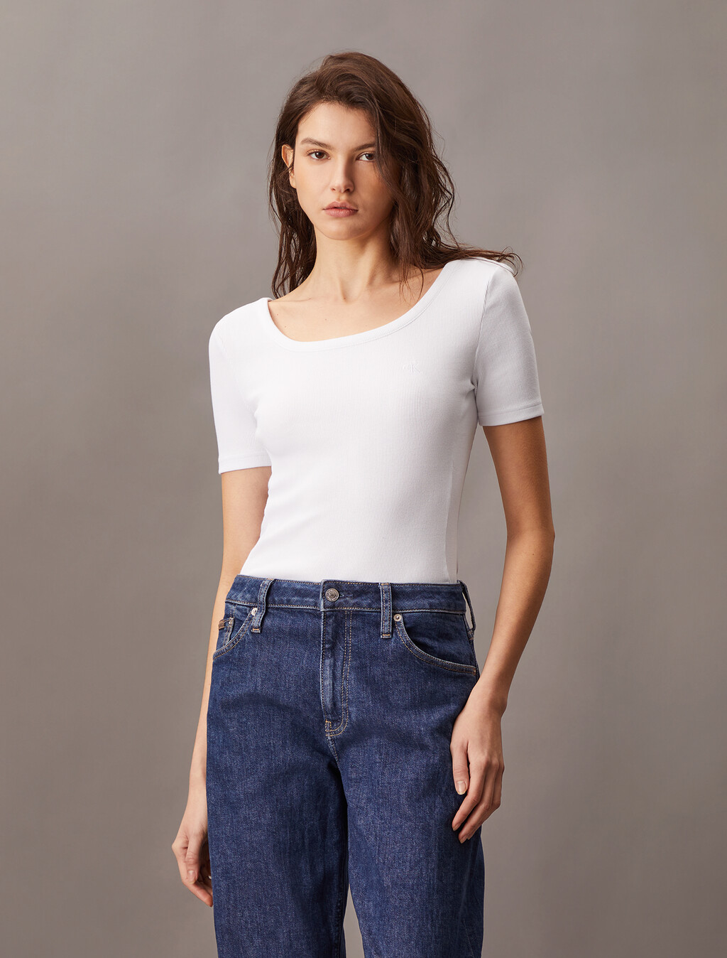 Casual Scoop Neck Rib Knit Tee, Brilliant White, hi-res