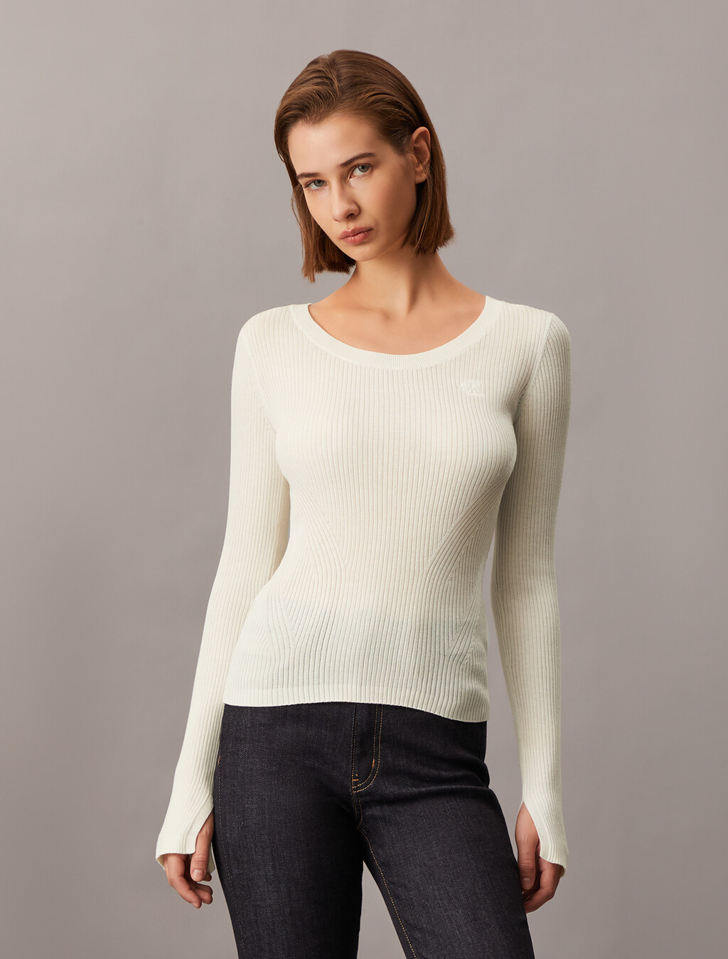 Rib Knit Slim Knit Top, Ivory, hi-res