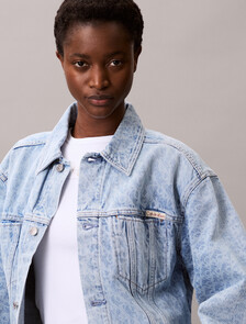 Monogram Logo Cropped Denim Jacket, CK LIGHT PRINTED, hi-res