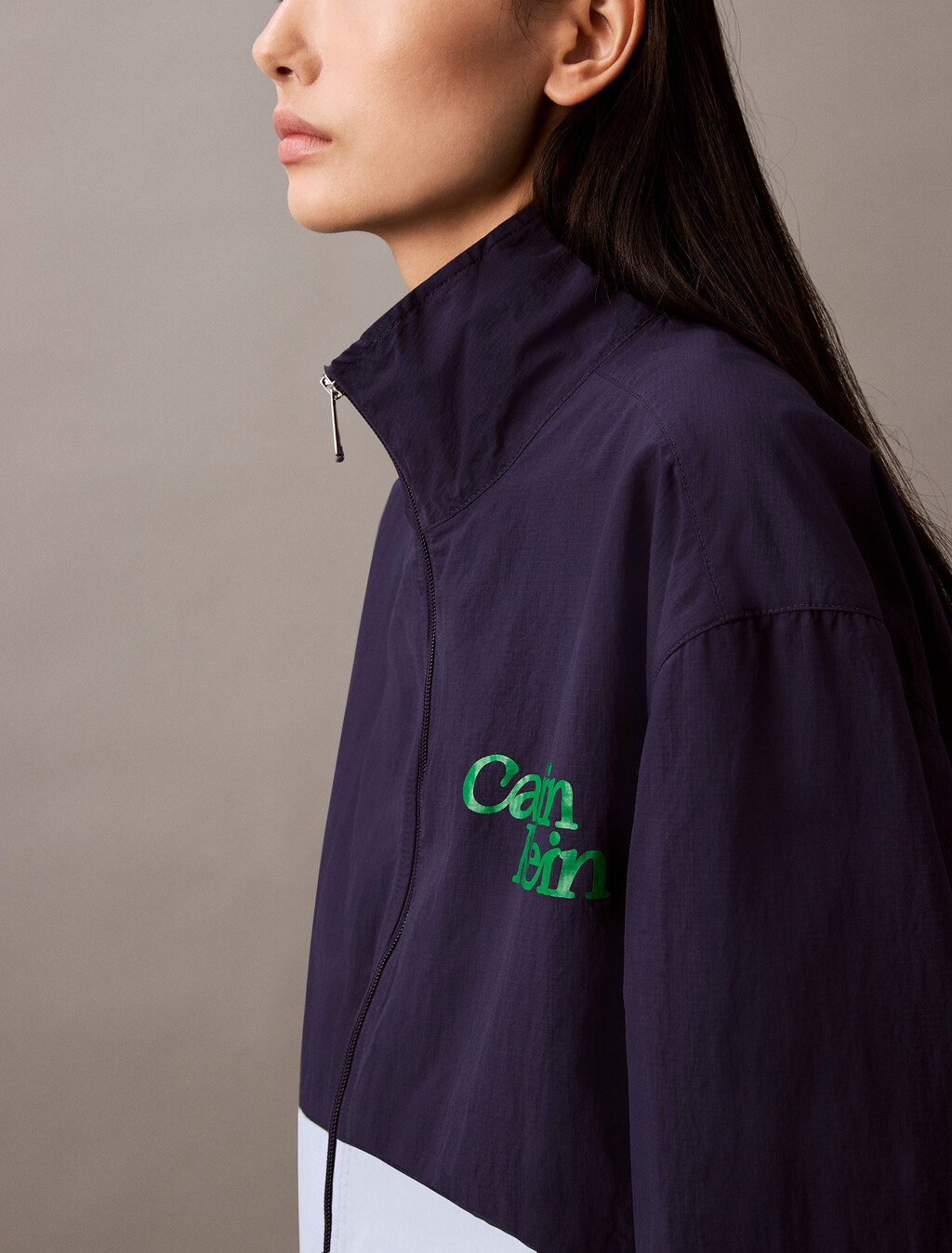 Cropped Colour Block Nylon Jacket, Eclipse / Cashmere Blue, hi-res
