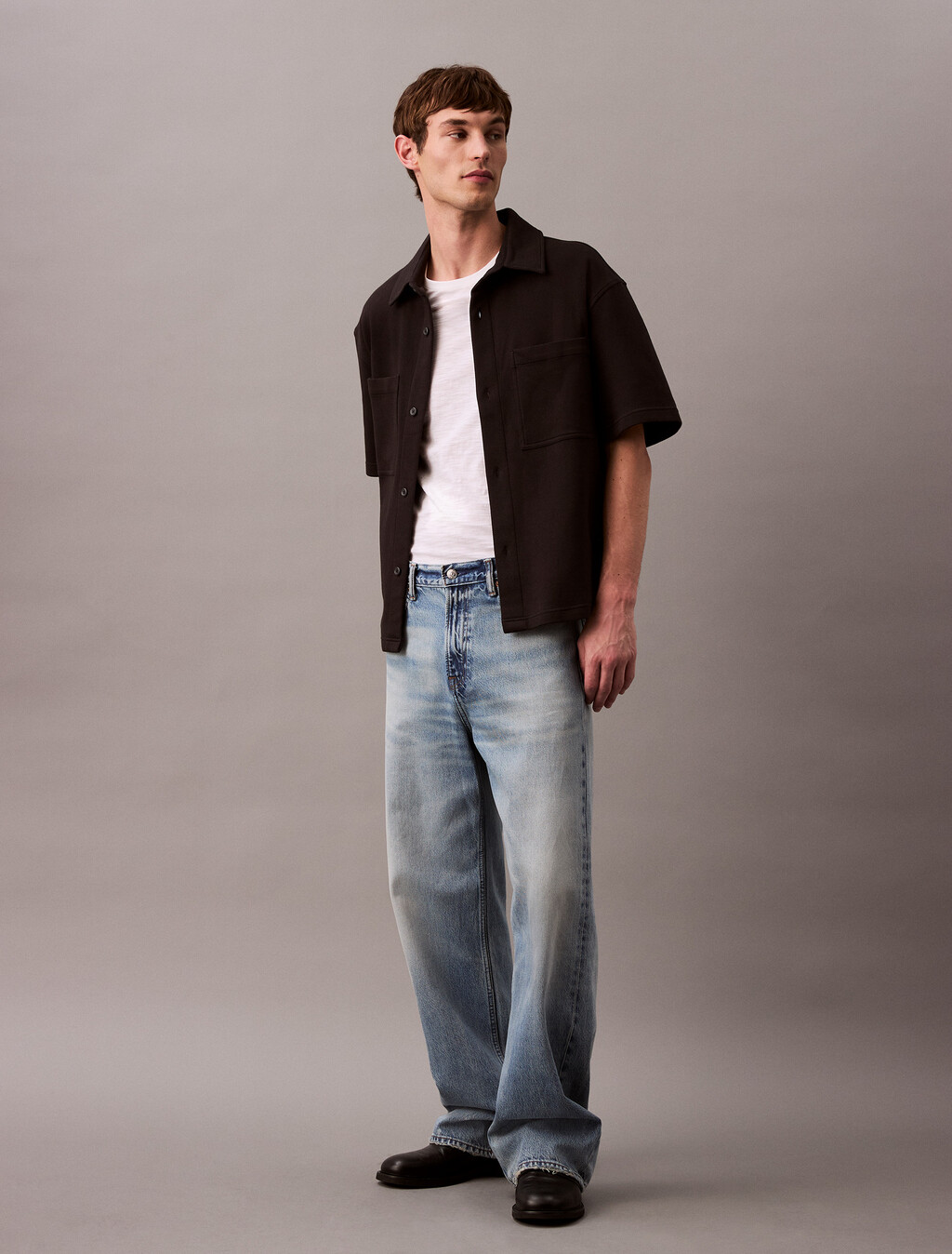 Textured Pique Relaxed Overshirt, Black, hi-res