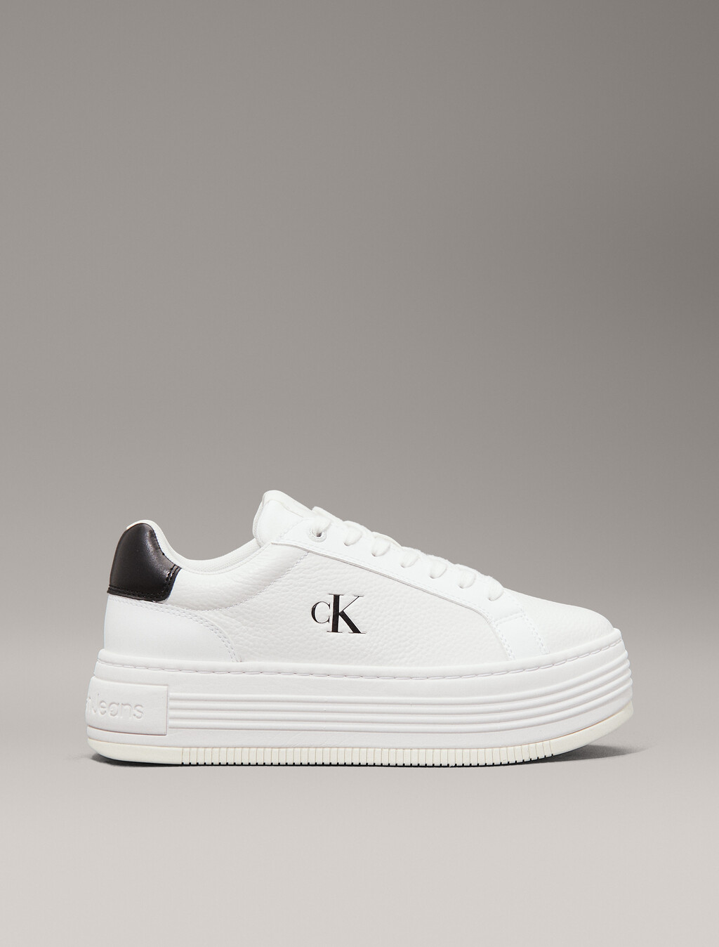Leather Platform Trainers, Bright White/Black, hi-res