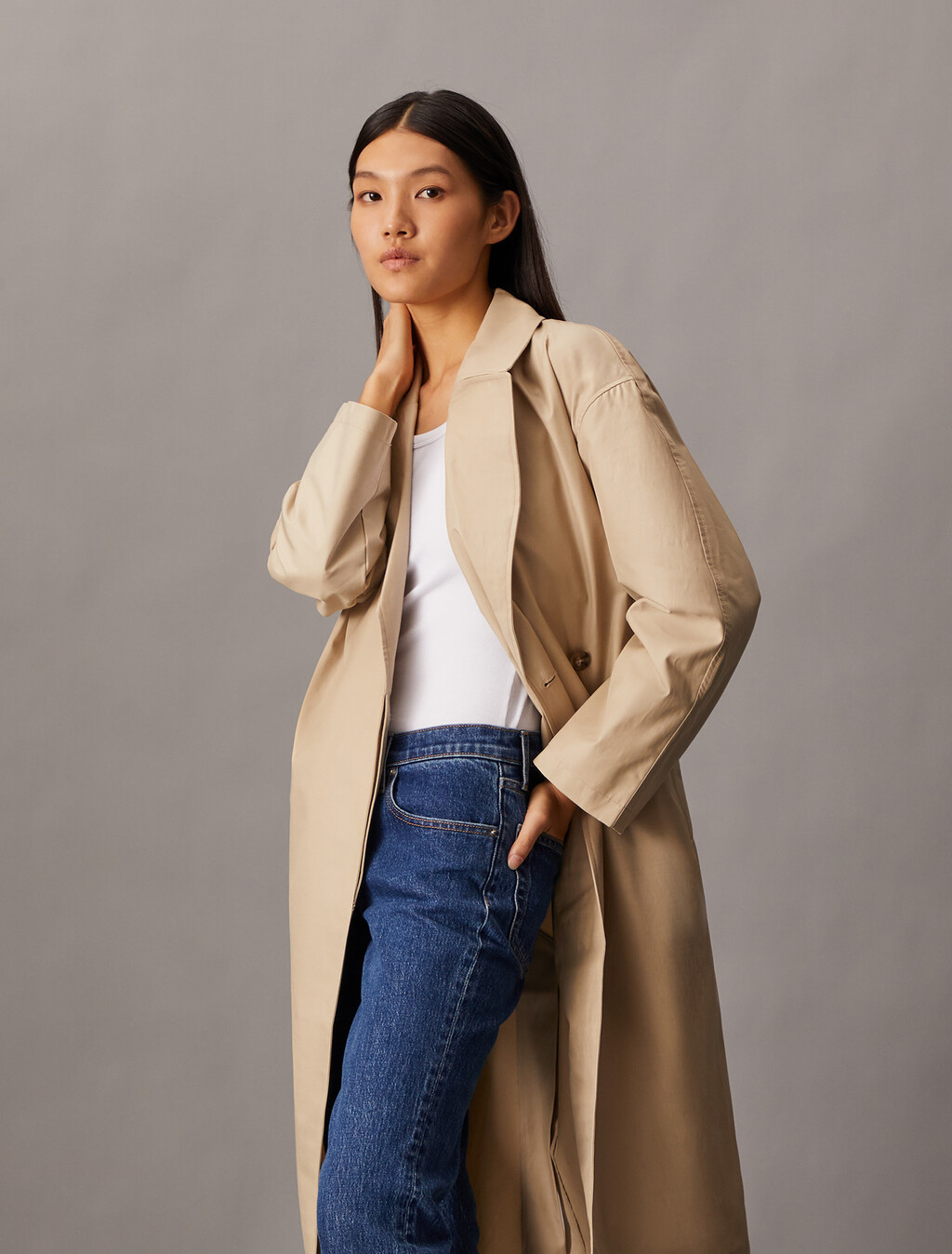 Organic Cotton Blend Trench Coat, White Pepper, hi-res
