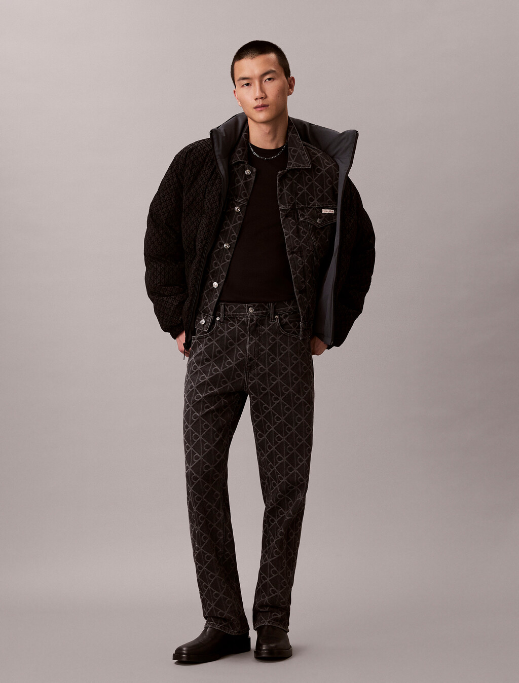 90s Signature Emblem Jacquard Denim Trucker, BLACK EMBLEM, hi-res