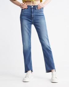 Italian Denim High Rise Slim Straight Jeans, Med Blue Side Emboss, hi-res